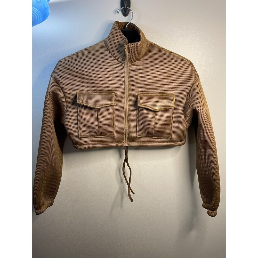 Womens Tan Mesh Cropped Utility Jacket Zip Up Funnel Neck Small